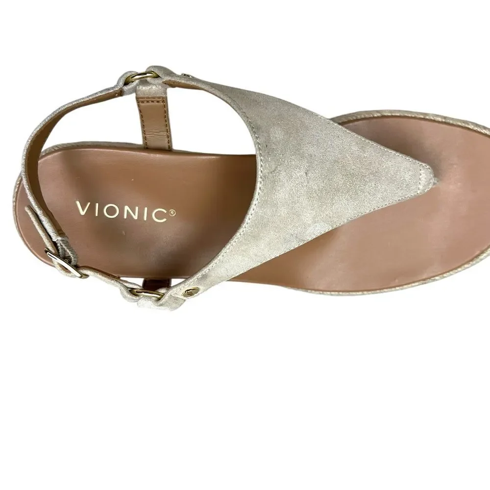 Vionic Women Kirra Espadrille Wedge Sandals‎ Thong Strap Cream Metallic Gold 9.5